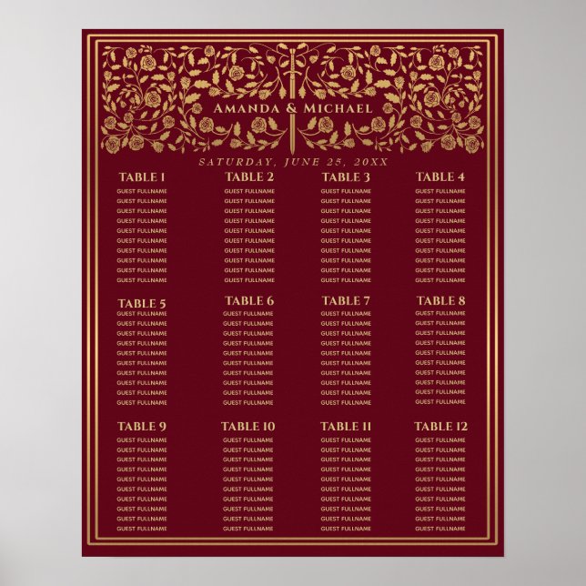 Red Royal Medieval Sword Wedding Seating Chart (Front)