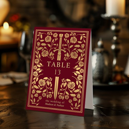 Red Royal Medieval Sword Wedding  Table Tent Sign