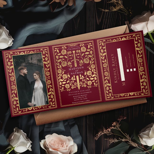 Red Royal Medieval Sword Wedding Tri-Fold Invitation (Creator Uploaded)