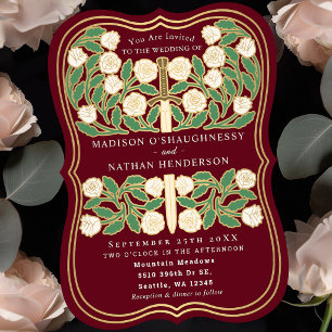 Red Royal Medieval White Floral Sword Wedding Invitation