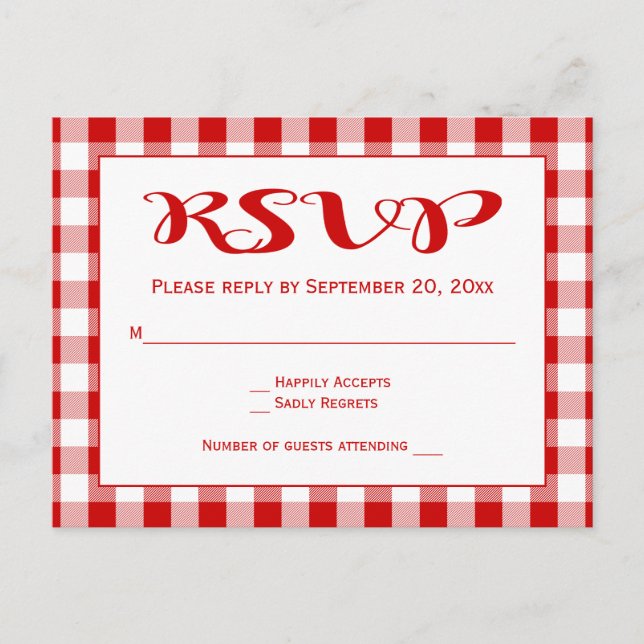 Red RSVP Gingham Plaid Checks Wedding Invitation Postcard (Front)