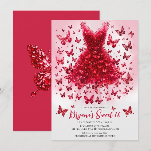 Red Ruby Crystal Butterfly Dress July Birthstone Invitation (Front/Back)