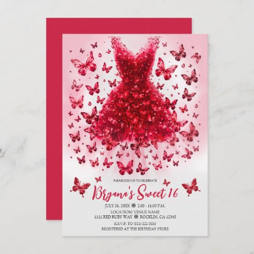 Red Ruby Crystal Butterfly Dress July Birthstone Invitation