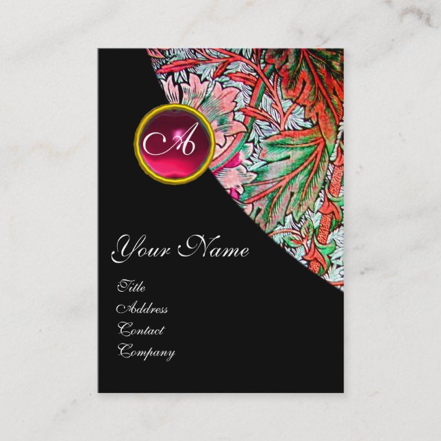 RED RUBY DAMASK MONOGRAM 3 fuchsia green pink blue Business Card (Front)