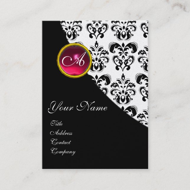 RED RUBY DAMASK MONOGRAM fuchsia gold Business Card (Front)
