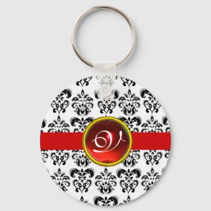 RED RUBY DAMASK MONOGRAM, KEYCHAIN