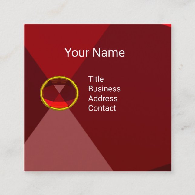 RED RUBY GEMSTONE MONOGRAM Abstract Geometric Square Business Card (Front)
