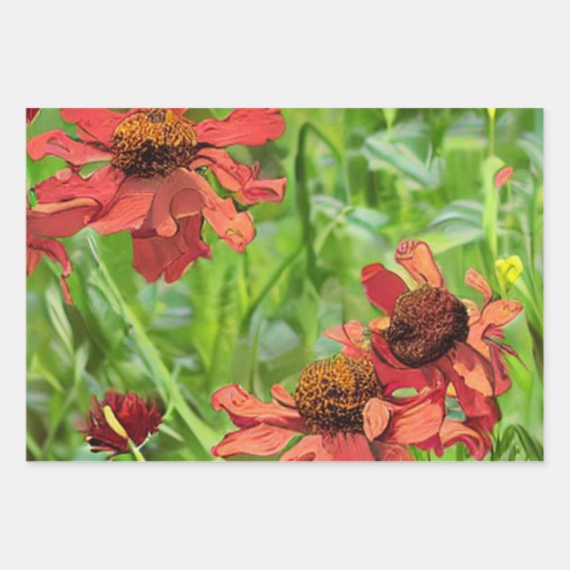 RED RUDBECKIA FLOWERS WRAPPING PAPER SHEETS (Front)