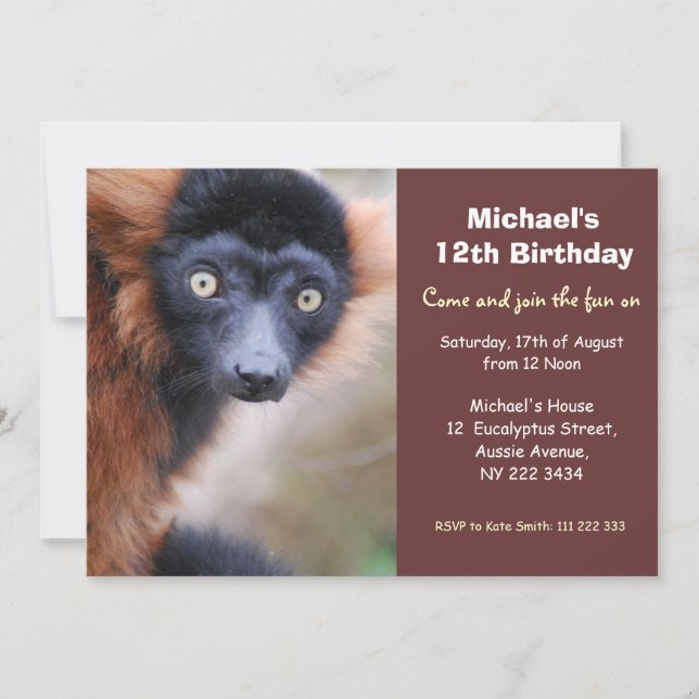 Red Ruffed Lemur Birthday Party Invitation (Front)