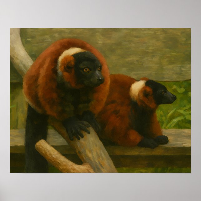 Red Ruffed Lemurs in Woodland Light Poster (Front)