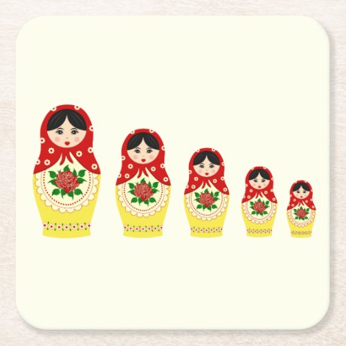 Red russian matryoshka nesting dolls square paper coaster