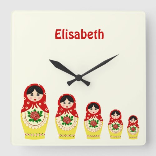 Red russian matryoshka nesting dolls square wall clock