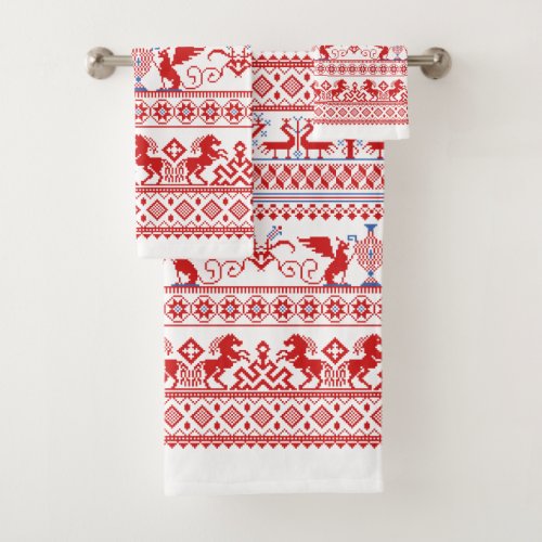 Red russian traditional ornament bath towel set