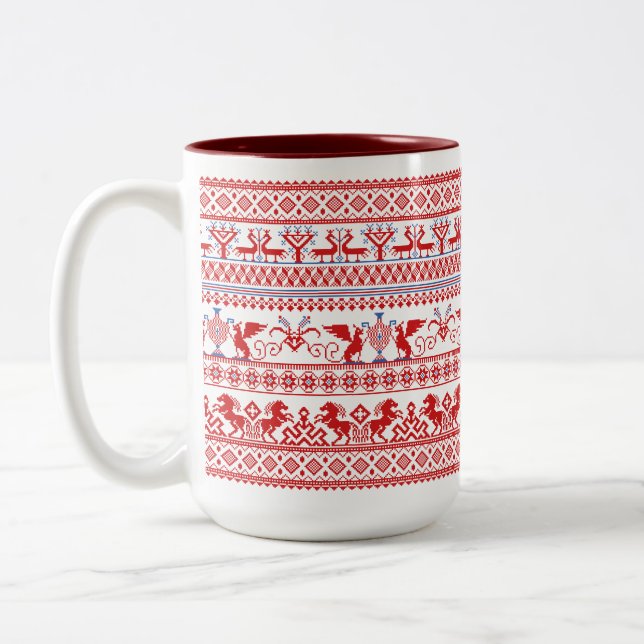 Red russian traditional ornament Two-Tone coffee mug (Left)