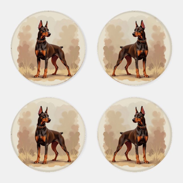 Red Rust Brown Doberman Pinscher Dog Coaster Set (Set)