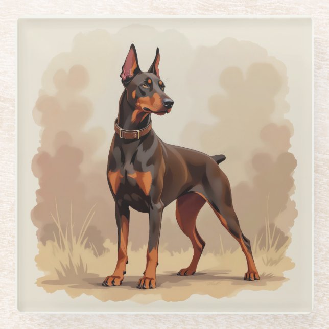 Red Rust Brown Doberman Pinscher Dog Glass Coaster (Front)