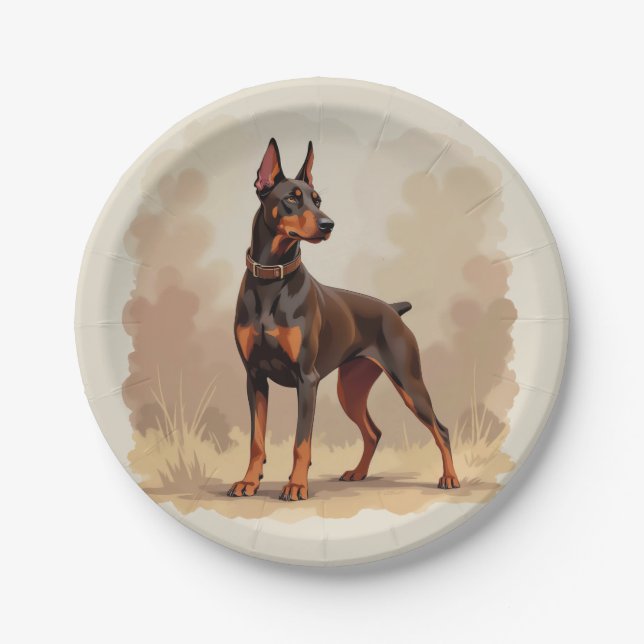 Red Rust Brown Doberman Pinscher Dog Paper Plates (Front)