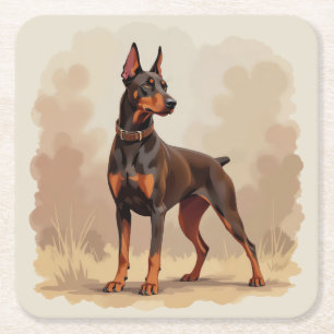 Red Rust Brown Doberman Pinscher Dog Square Paper Coaster