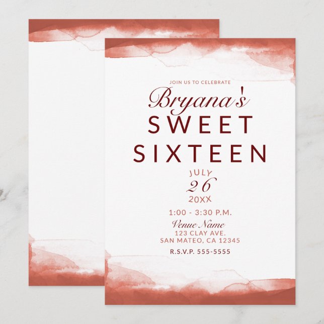 Red Rust Clay Modern Chic Sweet 16 Party Invitation (Front/Back)