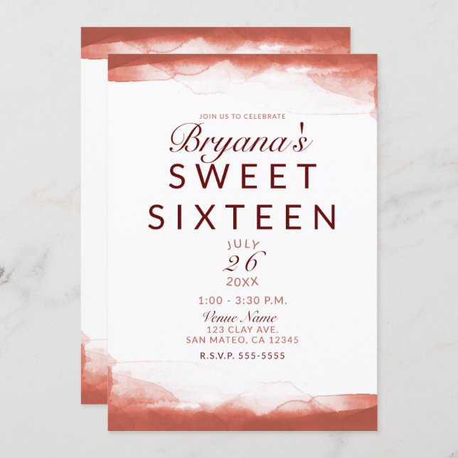 Red Rust Clay Modern Chic Sweet 16 Party Invitation (Front/Back)
