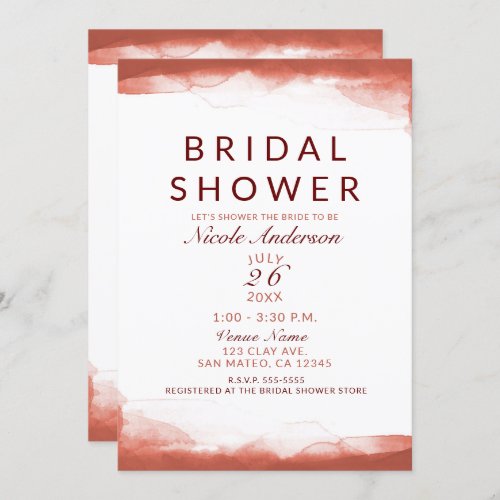 Red Rust Clay Watercolor Chic Bridal Shower Invitation