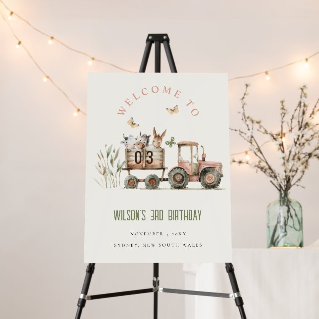 Red Rust Farm Animals Tractor Kid Birthday Welcome Foam Board (In Situ (Stand))