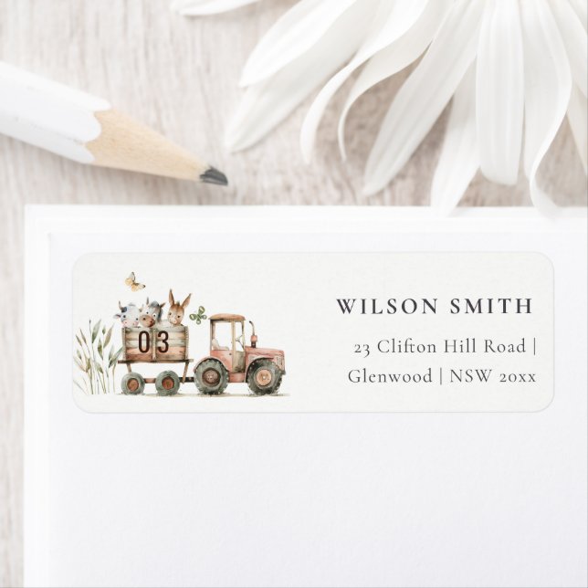 Red Rust Farm Animals Tractor Kids Address Label (Insitu)