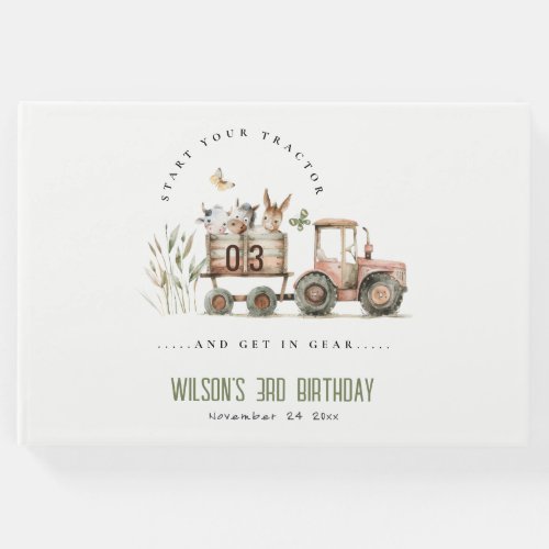 Red Rust Farm Animals Tractor Kids Birthday Guest Book