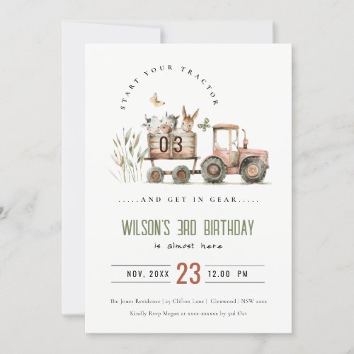 Red Rust Farm Animals Tractor Kids Birthday Invitation