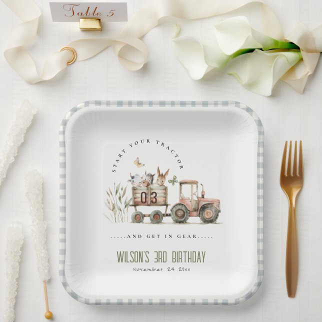 Red Rust Farm Animals Tractor Kids Birthday Paper Plates (Wedding)