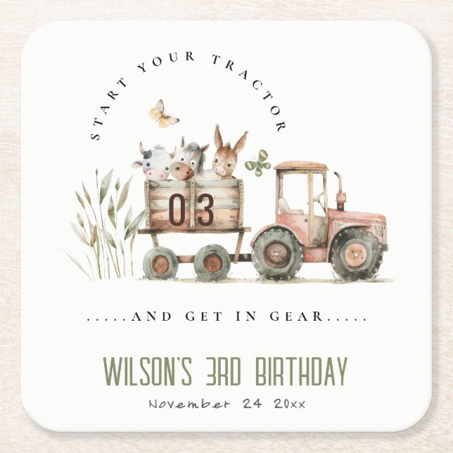 Red Rust Farm Animals Tractor Kids Birthday Square Paper Coaster (Front)