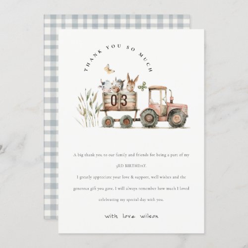 Red Rust Farm Animals Tractor Kids Birthday Thank You Card