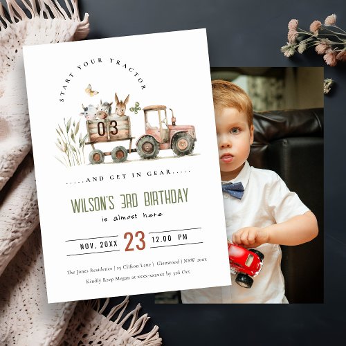 Red Rust Farm Animals Tractor Kids Photo Birthday Invitation