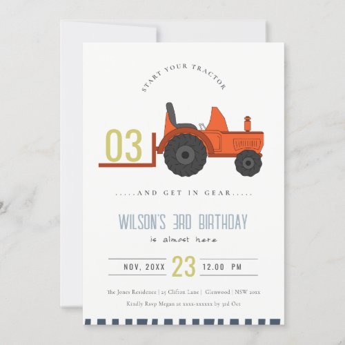 Red Rust Farm Tractor Kids Any Age Birthday Invite