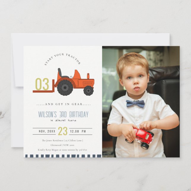 Red Rust Farm Tractor Kids Photo Birthday Invite (Front)