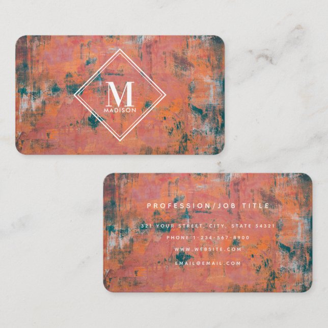 Red Rust Metallic Texture Monogram Initial Business Card (Front/Back)