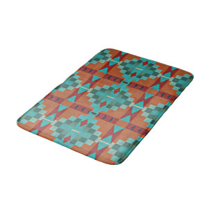 Red Rust Orange Turquoise Teal Blue Tribal Art Bathroom Mat