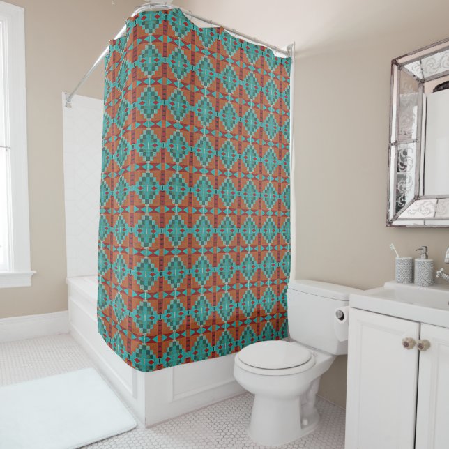 Red Rust Orange Turquoise Teal Blue Tribal Art Shower Curtain (In Situ)