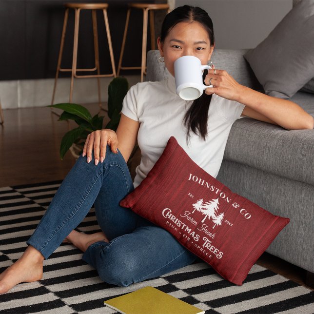 Red Rustic Barnwood Christmas Tree Farm Lumbar Pillow (Creator Uploaded)