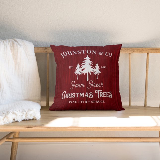 Red Rustic Barnwood Christmas Tree Farm Throw Pillow (Creator Uploaded)