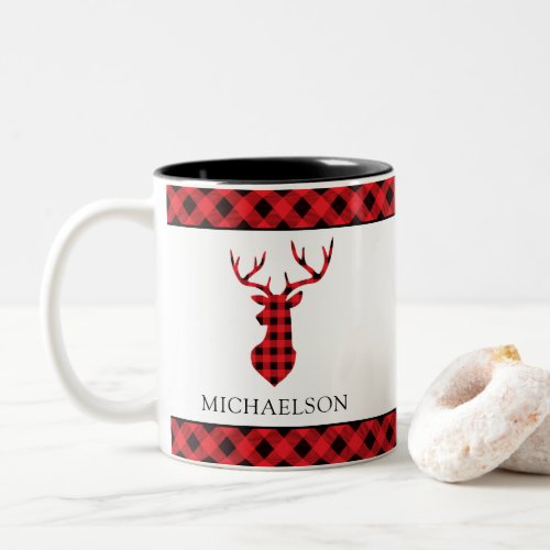 Red Rustic Buffalo Plaid Christmas Deer Silhouette Two_Tone Coffee Mug