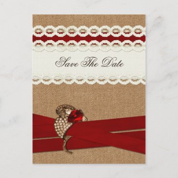 Red Rustic burlap and lace country wedding Announcement Postcard
