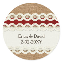 Red Rustic burlap and lace country wedding Classic Round Sticker