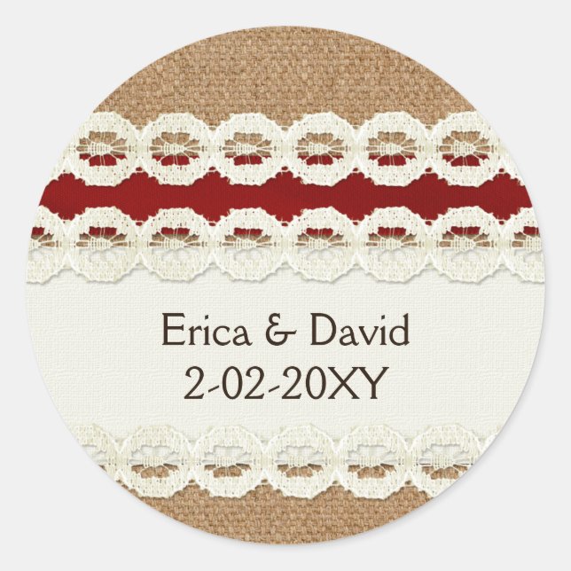 Red Rustic burlap and lace country wedding Classic Round Sticker (Front)