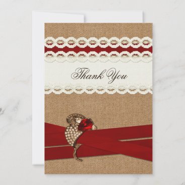 Red Rustic burlap and lace country wedding Invitation