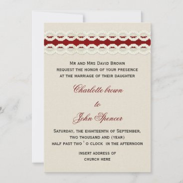 Red Rustic burlap and lace country wedding Invitation