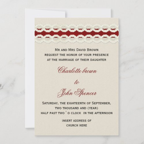 FAUX burlap, lace and red sash wedding invites