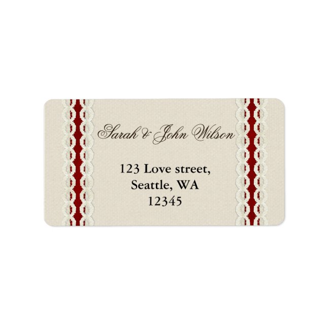Red Rustic burlap and lace country wedding Label (Front)