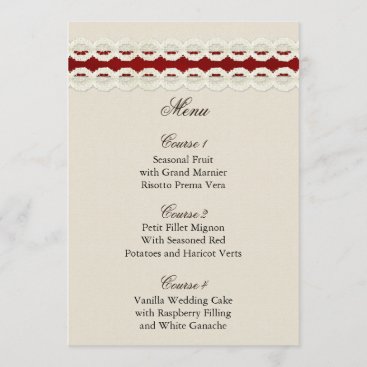 Red Rustic burlap and lace country wedding Menu