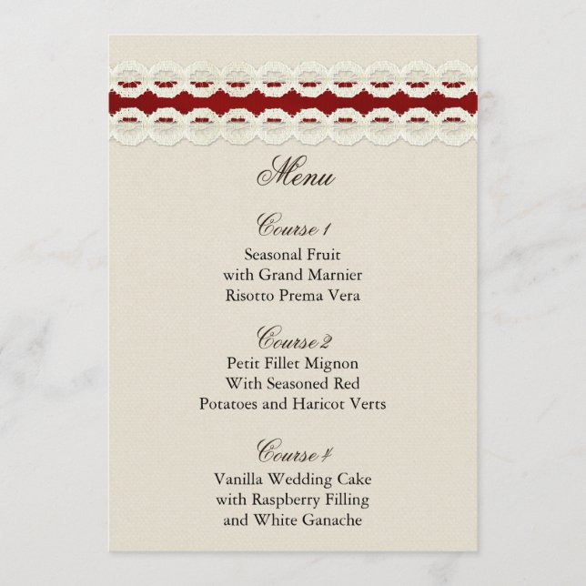 Red Rustic burlap and lace country wedding Menu (Front)